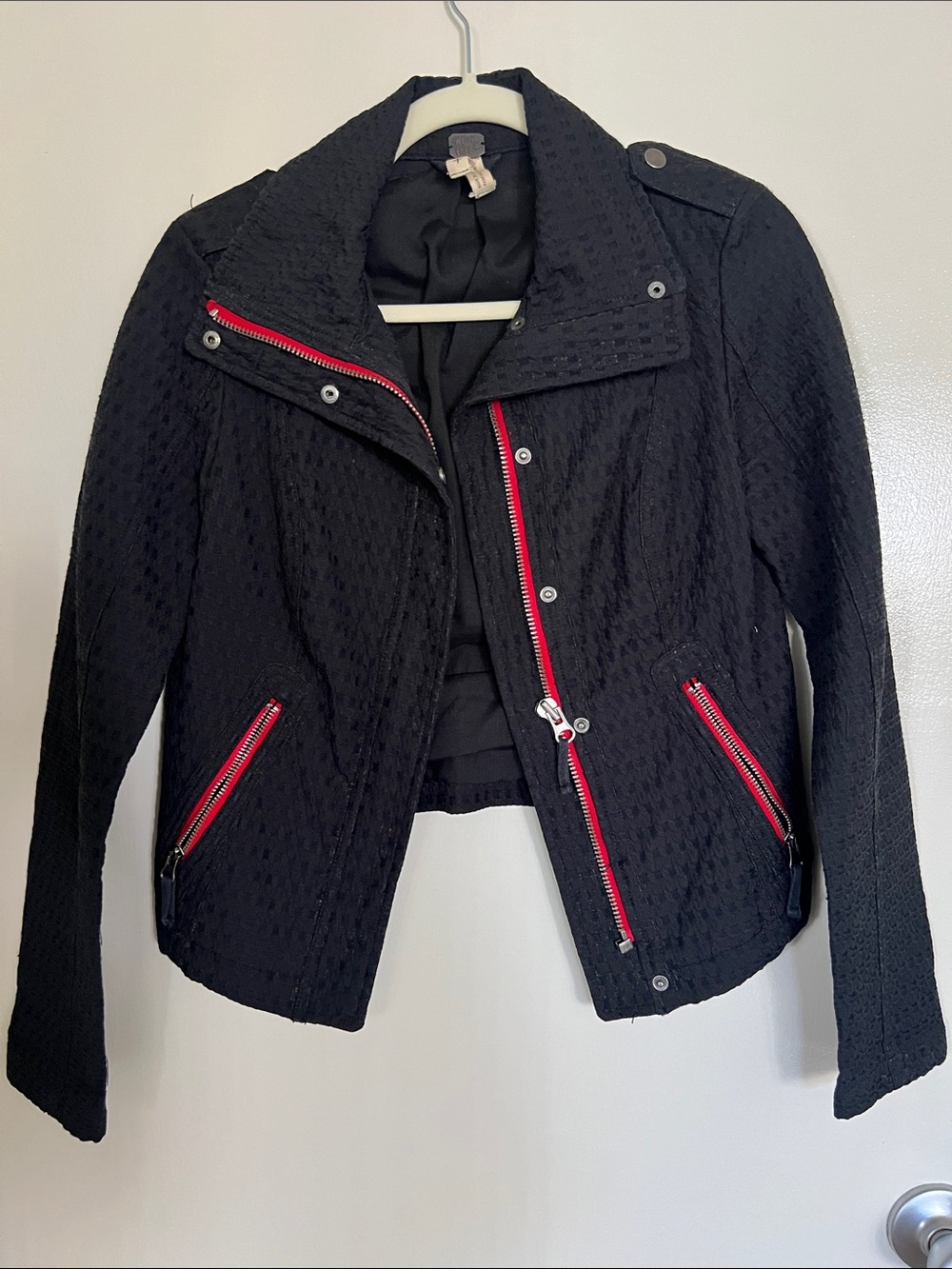 Free People Black Textured Moto Jacket with Red Zip Accents